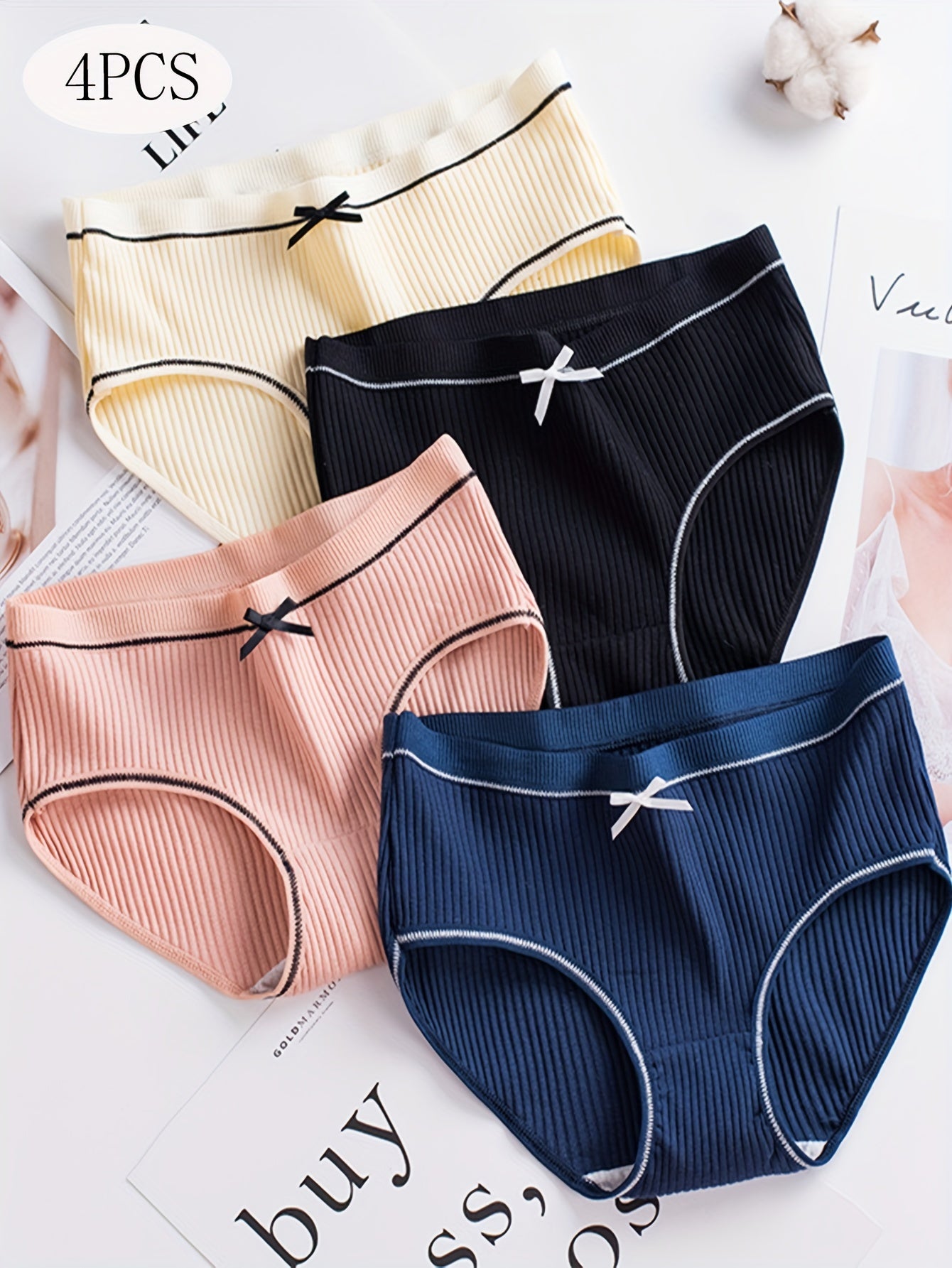 Women's Seamless Briefs 4-Pack with Bow Decor Contrast Trim Cotton Elastane Comfortable Underwear