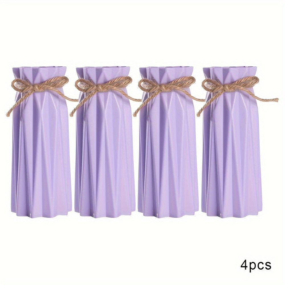 Set of 4 Plastic Vases with Origami Design and Pampas Grass Pattern 17.5cm Tall for Home Office Decor