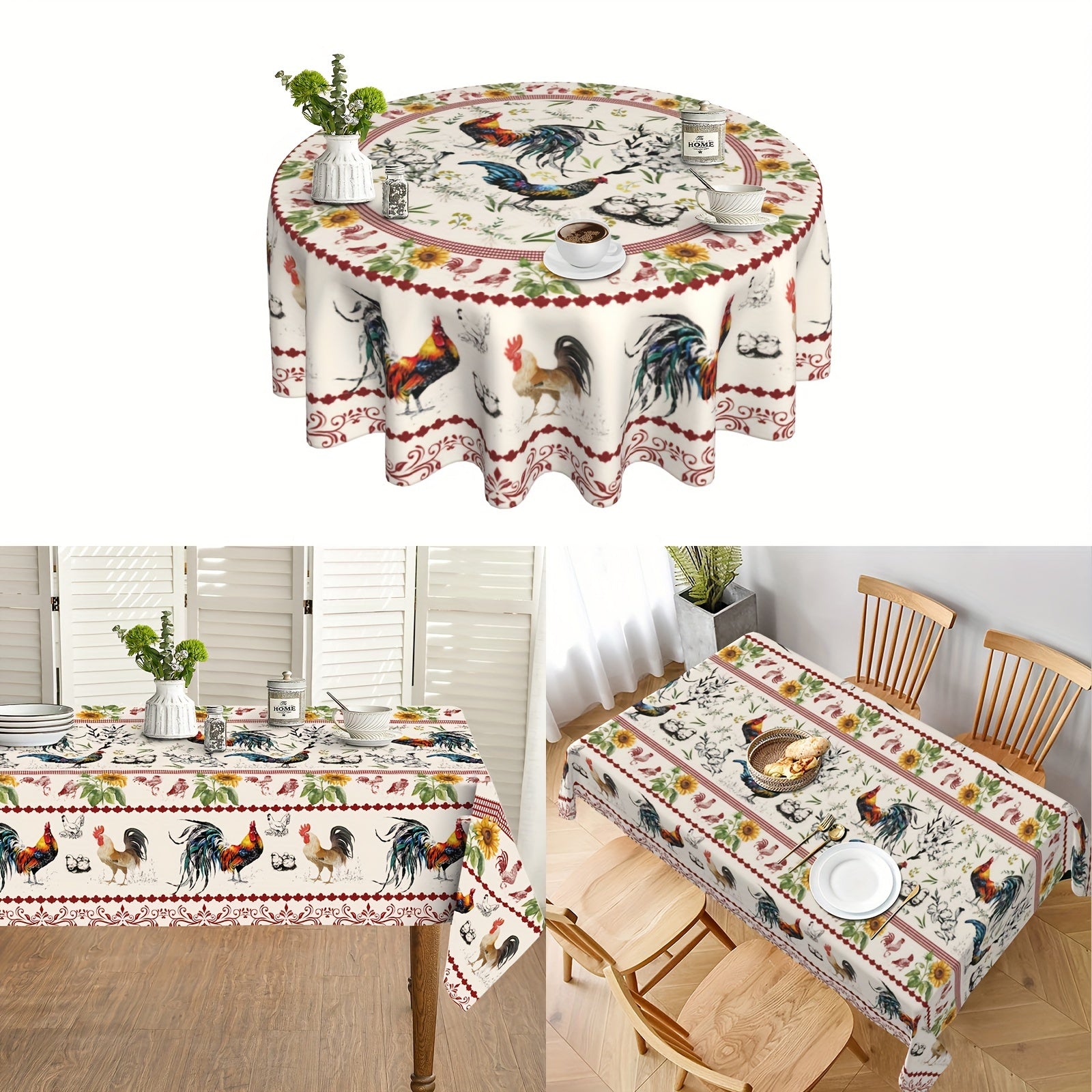 Red Floral Polyester Tablecloth with Rooster and Sunflower Design for Kitchen Dining and Picnic