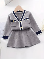 Conjunto de cárdigan de punto cable preppy para niñas y falda con top de cuello en V para otoño y primavera