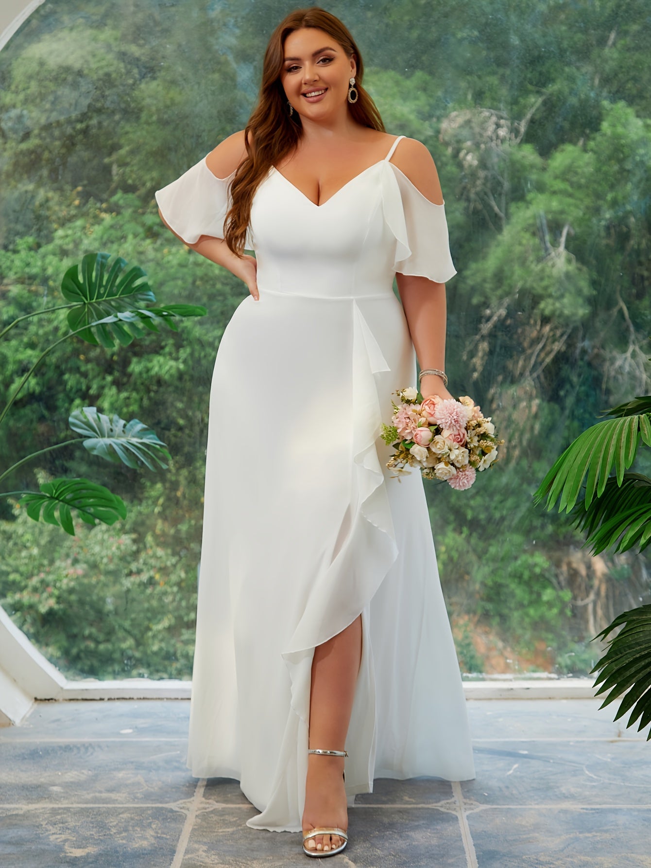 Plus Size Long Formal Wedding Dress Polyester V-Neck Floor-Length