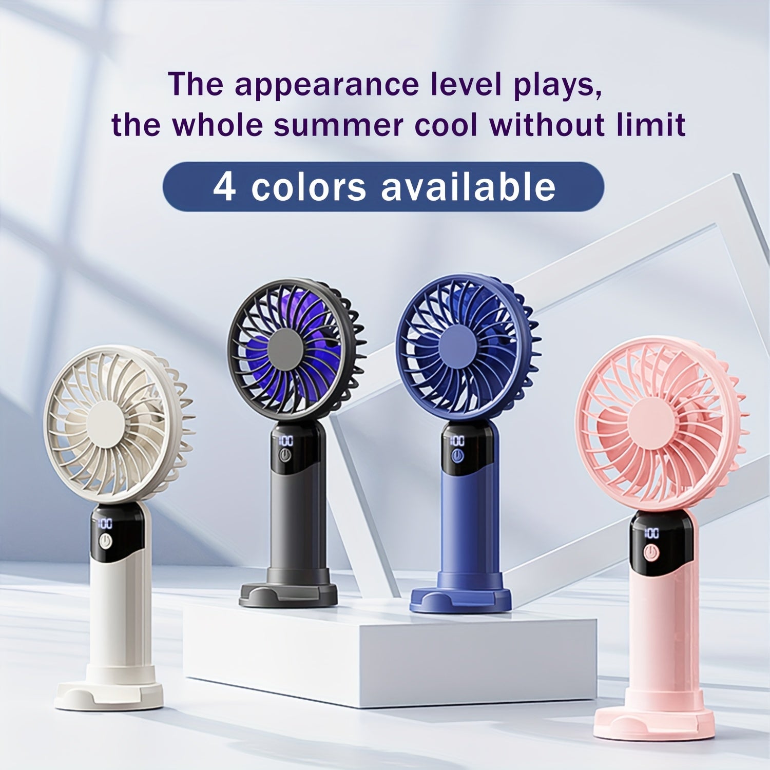 Handheld Fan with LED Display, 6 Speed Settings, Rechargeable Battery, Stable Base Stand for Phone Binge-Watching