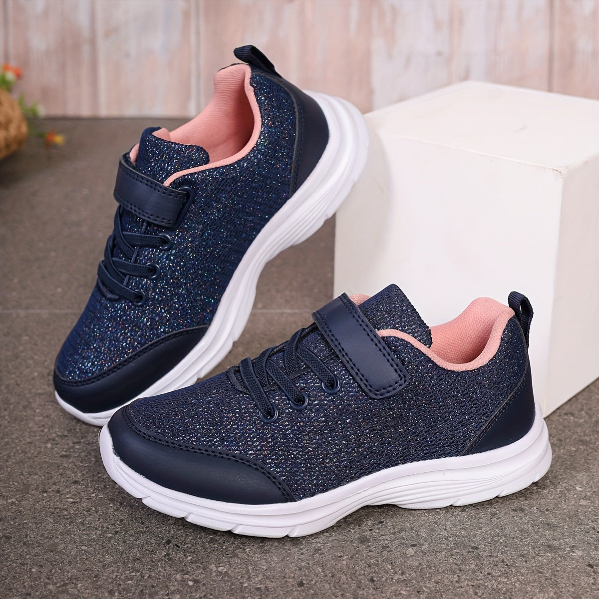 Kids' Navy Blue Pink Glitter Sneakers with Geometric Design Lightweight EVA Sole
