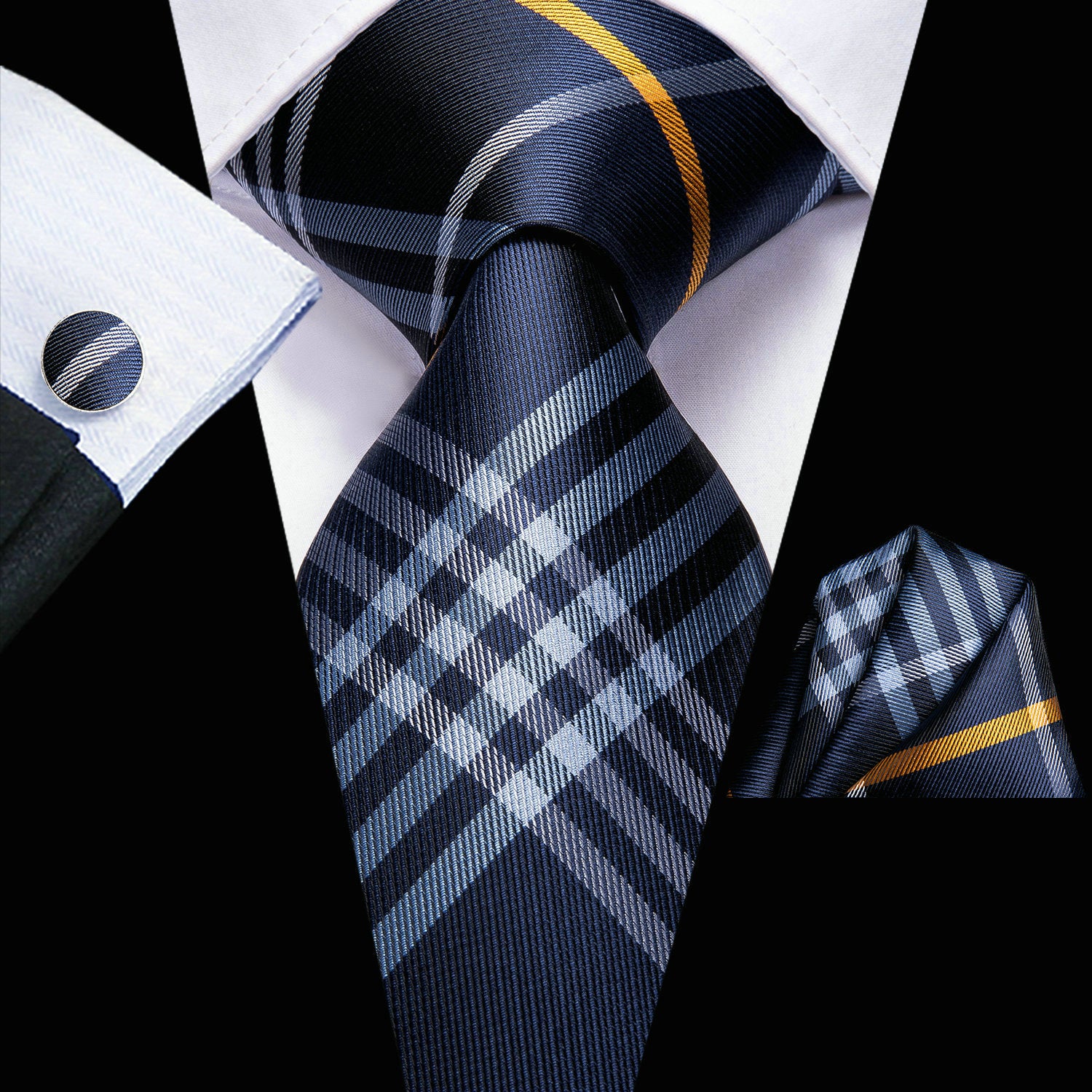 Men's Plaid Necktie Set with Hanky and Cufflinks for Weddings Business and Parties