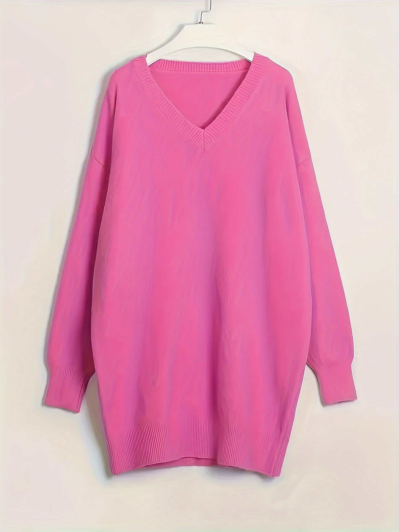 Women's Oversized Polyester V-Neck Sweater Long Sleeve Solid Color Pullover Fall Winter