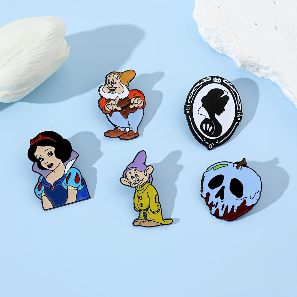 Set of 5 Enamel Pins Snow White and Dwarfs Brooches Alloy Metal for Clothing and Backpacks