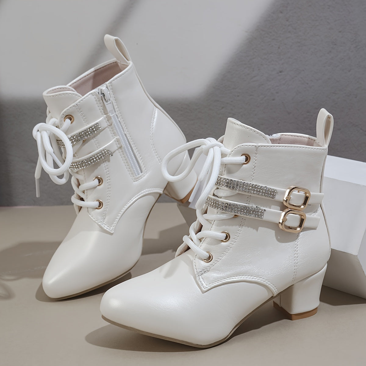 Women's Faux Leather Block Heel Boots with Buckles Zipper Pointed Toe