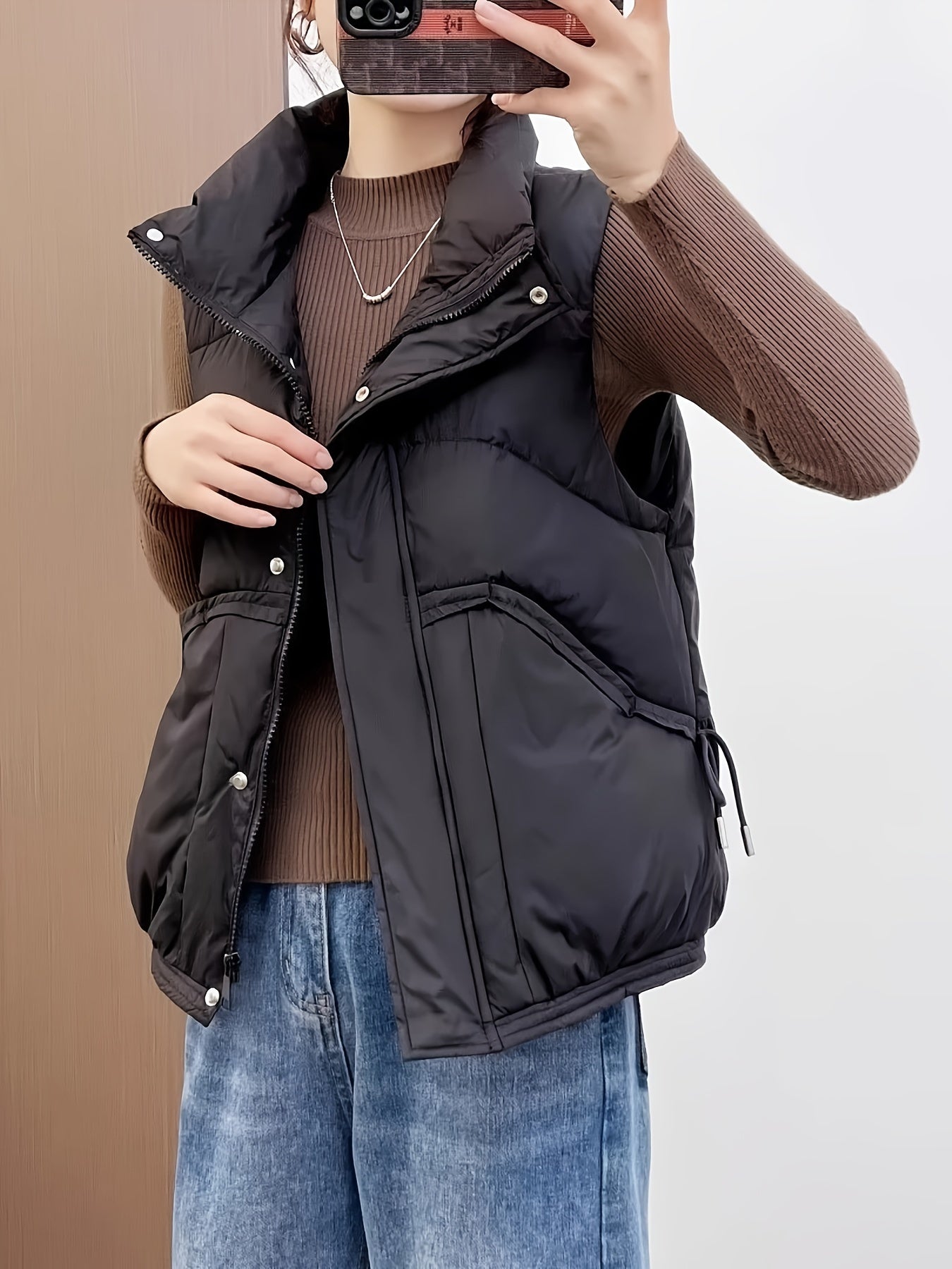 Women's Waterproof Sleeveless Puffer Vest in Solid Cream Polyester for Casual Wear