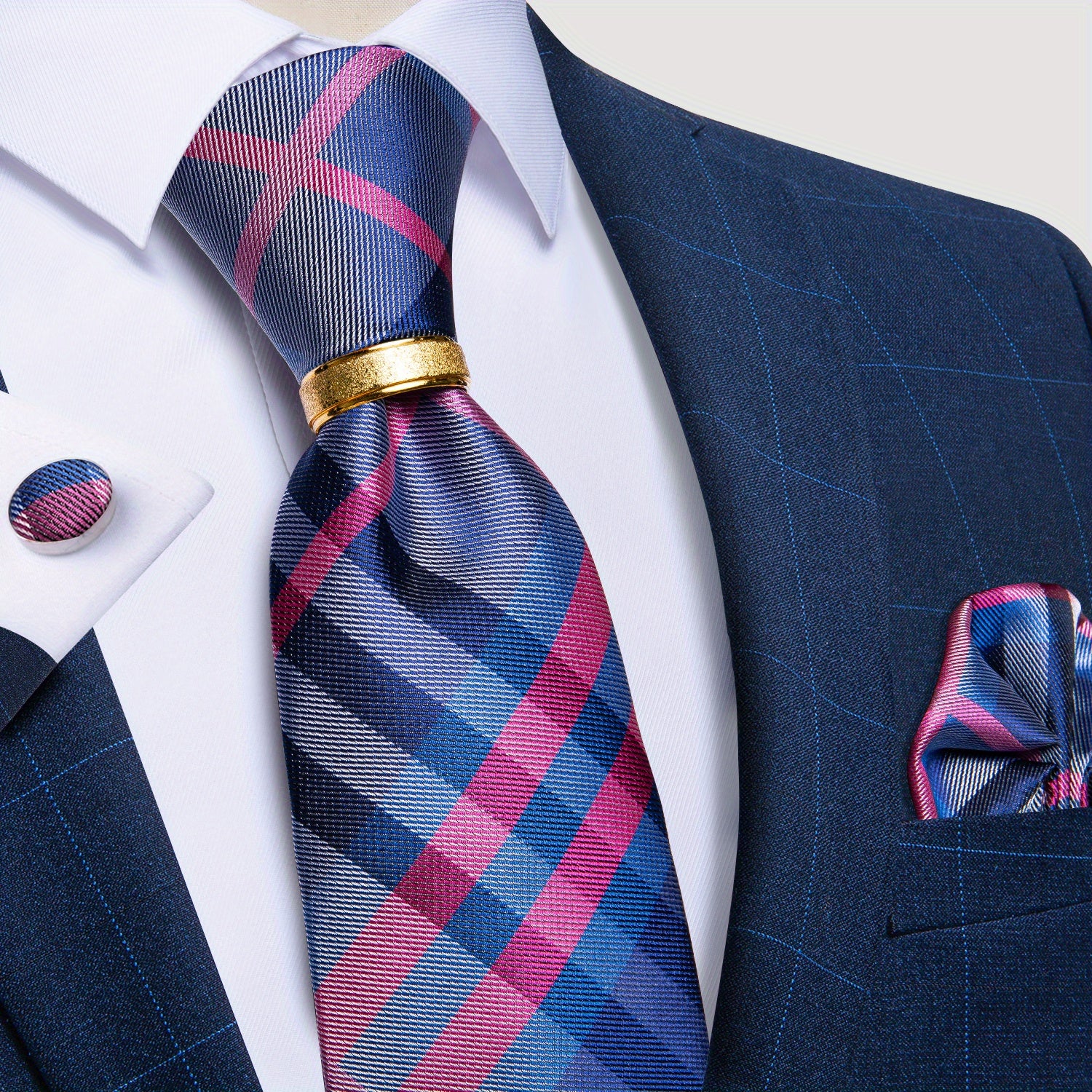 Men's Tie Set with Paisley Plaid and Striped Designs Including Pocket Square Cufflinks Ring