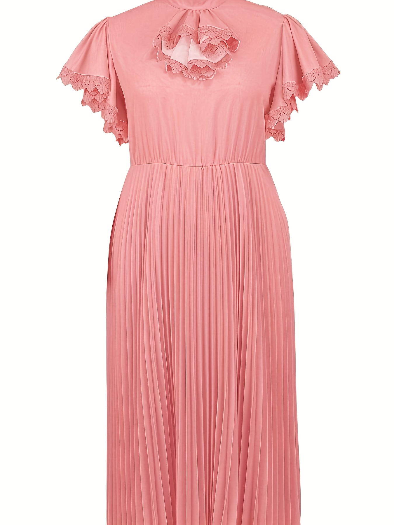 Women's Pink Pleated Maxi Dress with Lace Detail for Weddings and Holidays