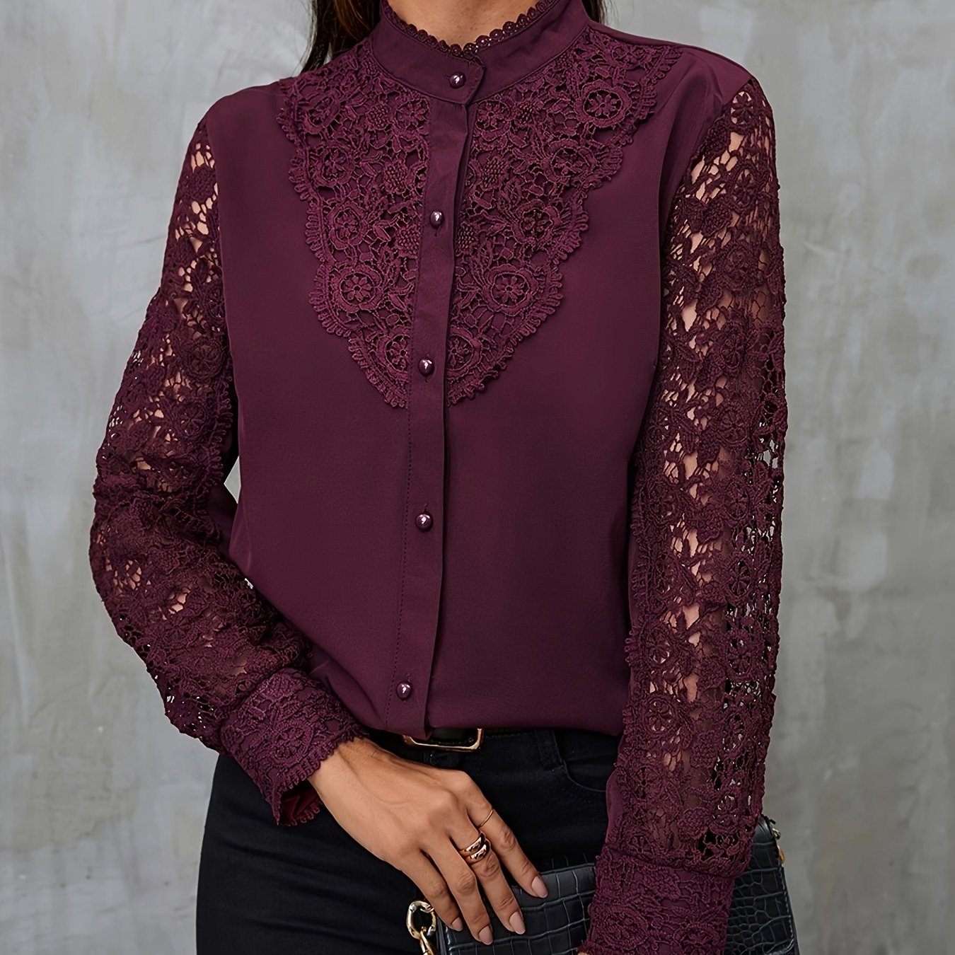 Women's Contrast Lace Blouse with Mandarin Collar and Long Sleeves