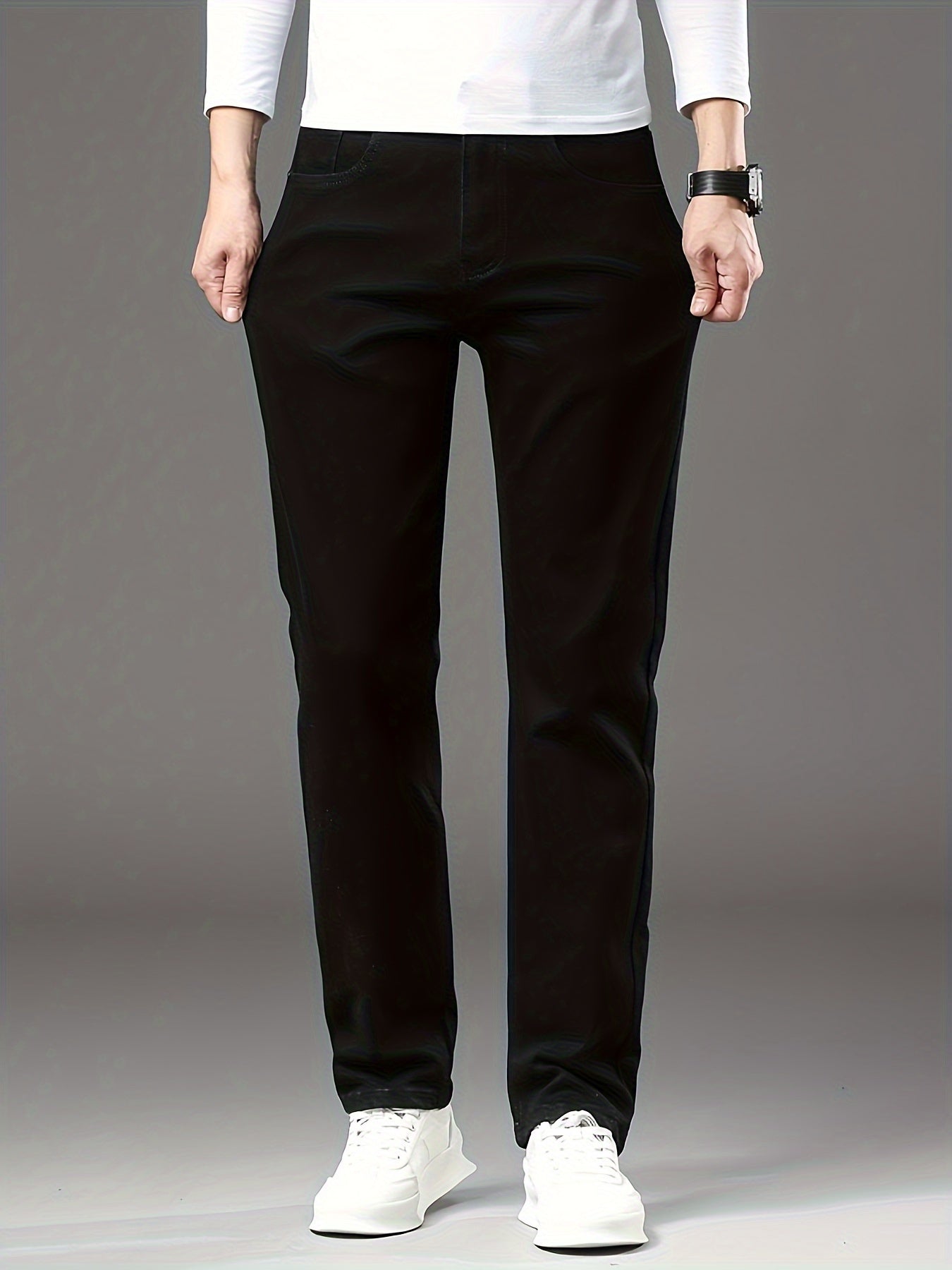 Jeans de mezclilla ajustados para hombre, de tela elástica, negros, de tiro medio, casuales, para todas las estaciones