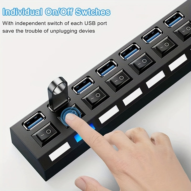 7-Port USB 3.0 Hub with LED Switch Fast Data Transfer Compatible with Laptops and PCs