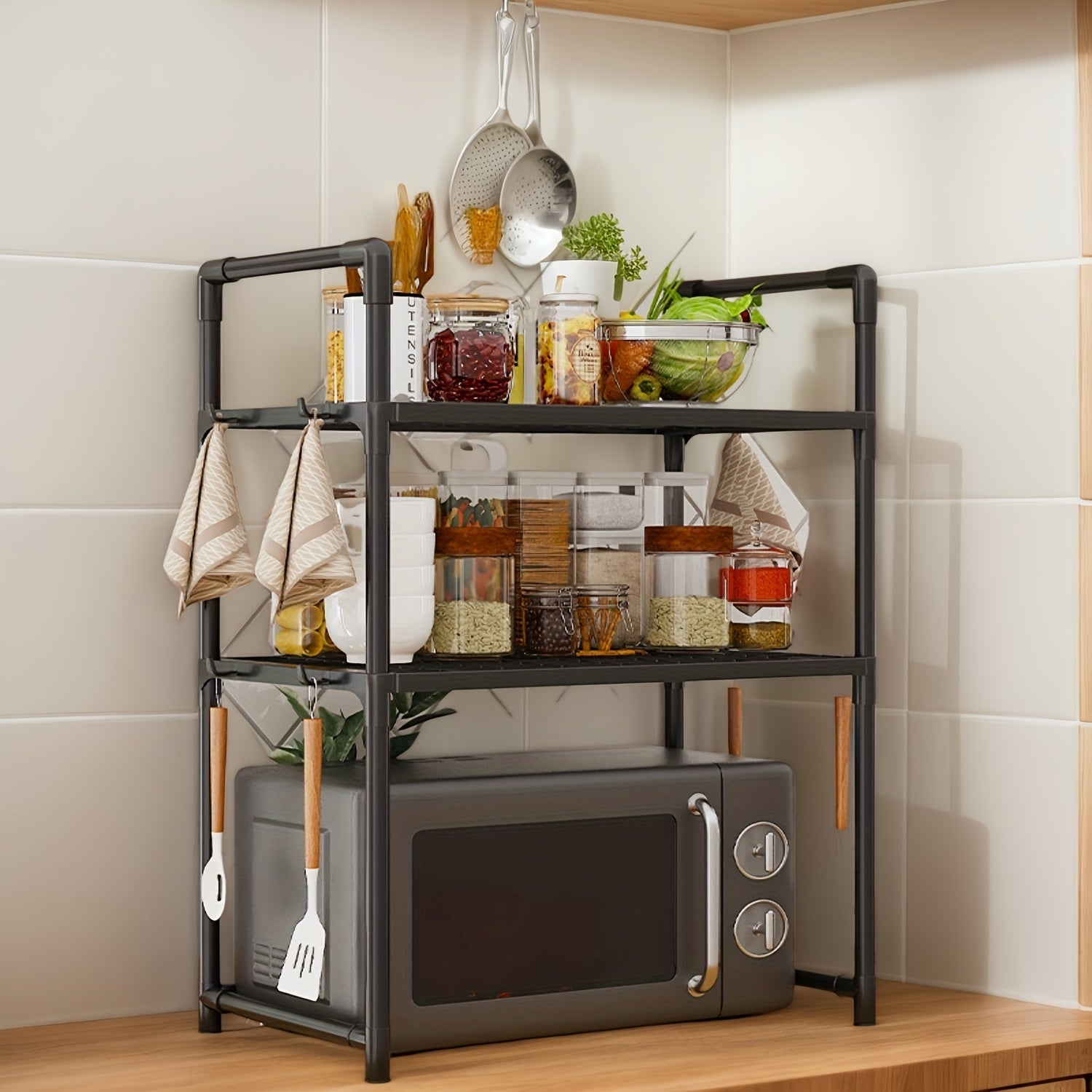 Thickened Metal Kitchen Storage Rack with Handles Open-Storage Spice Organizer Shelf for Microwave Toaster