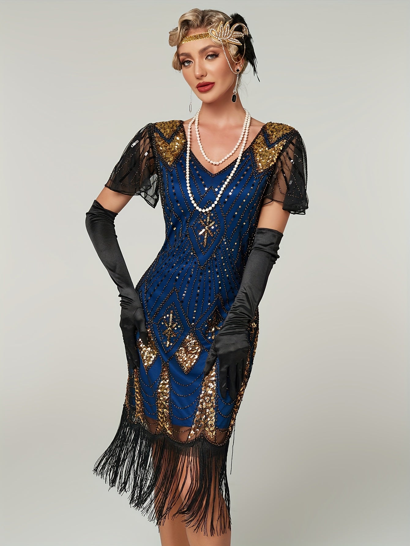 Women's Sequin Fringe Flapper Dress V-Neck Cocktail Gown Evening Wear