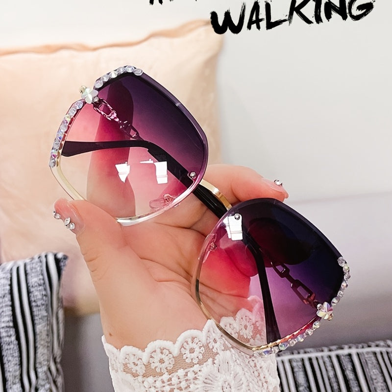 Women's Rimless Rhinestone Decor Gradient Glasses for Summer Beach Party