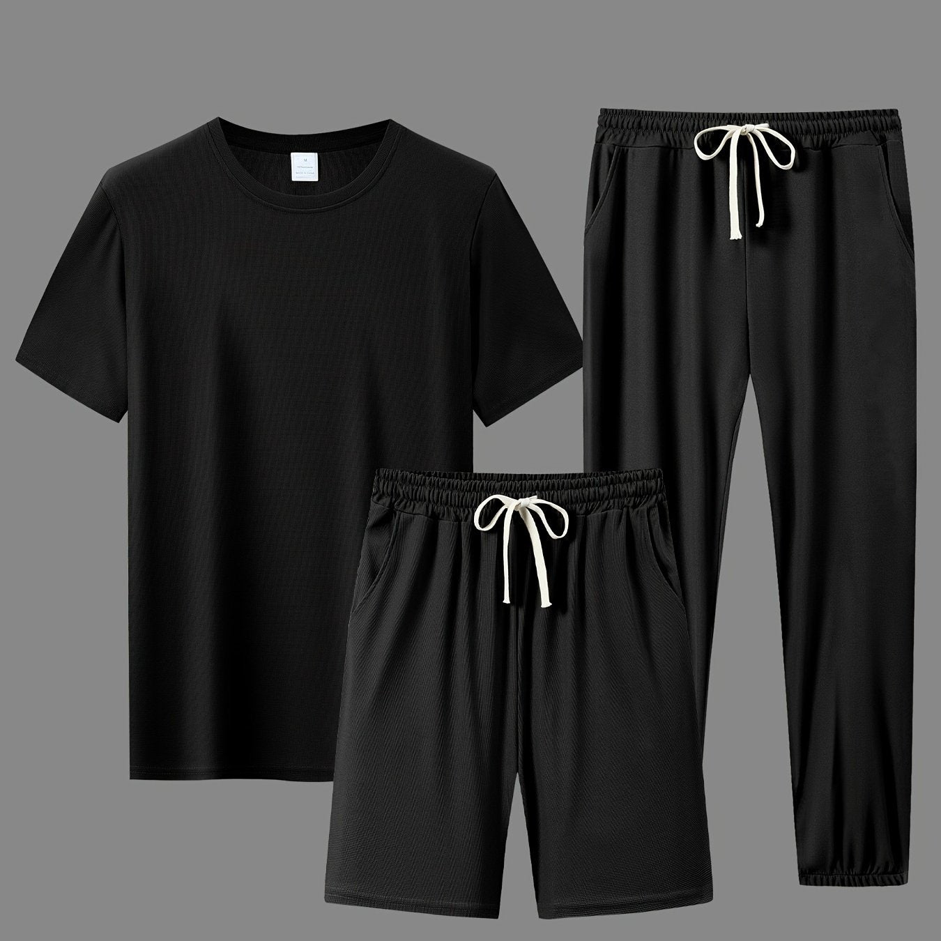 Men's Polyester Casual Sports Outfit with Short-Sleeve T-Shirt Shorts and Long Pants for Running and All-Season