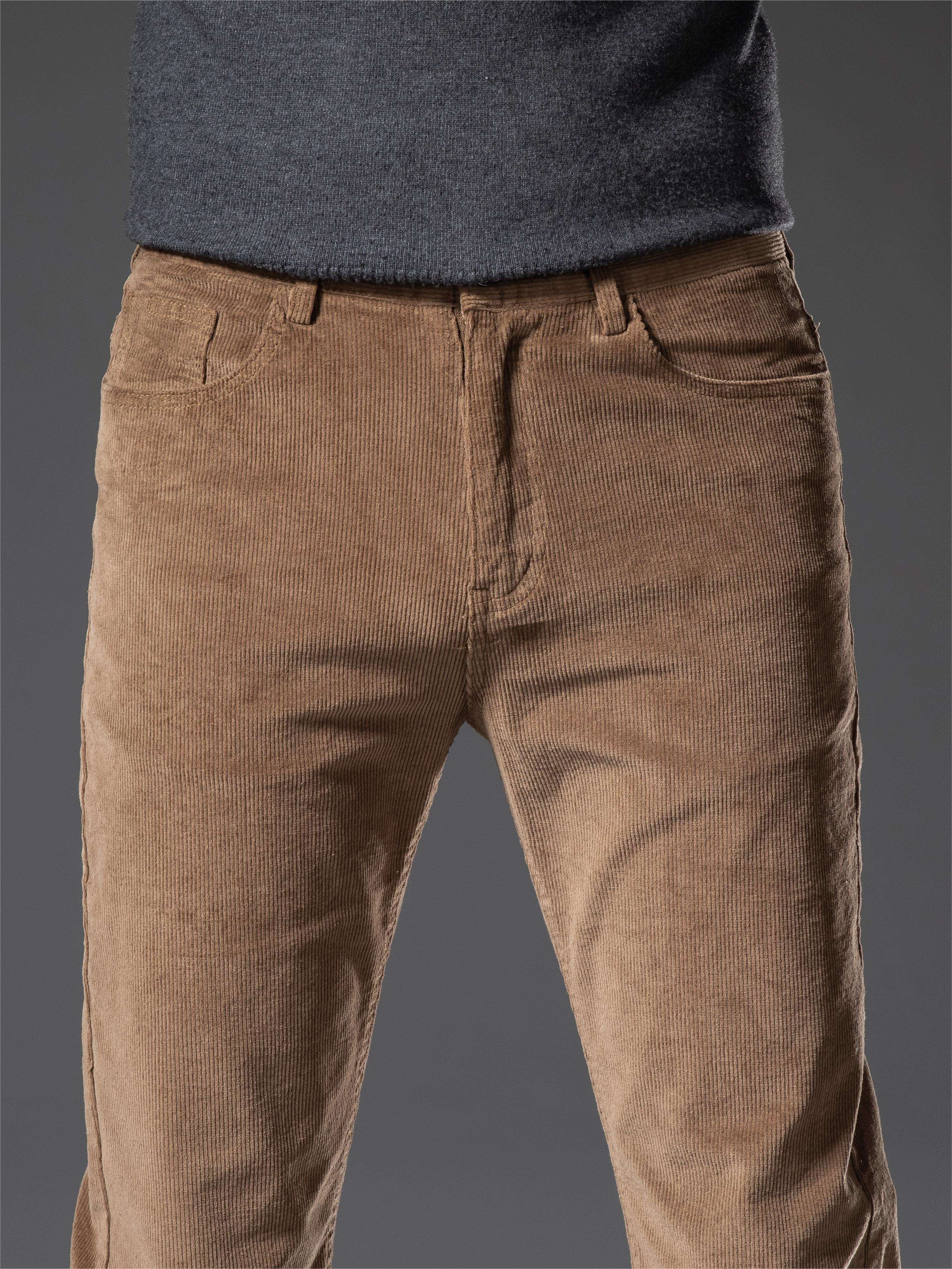Pantalones de pana de corte ajustado para hombre, otoño e invierno, color sólido, mezcla de algodón, bordado
