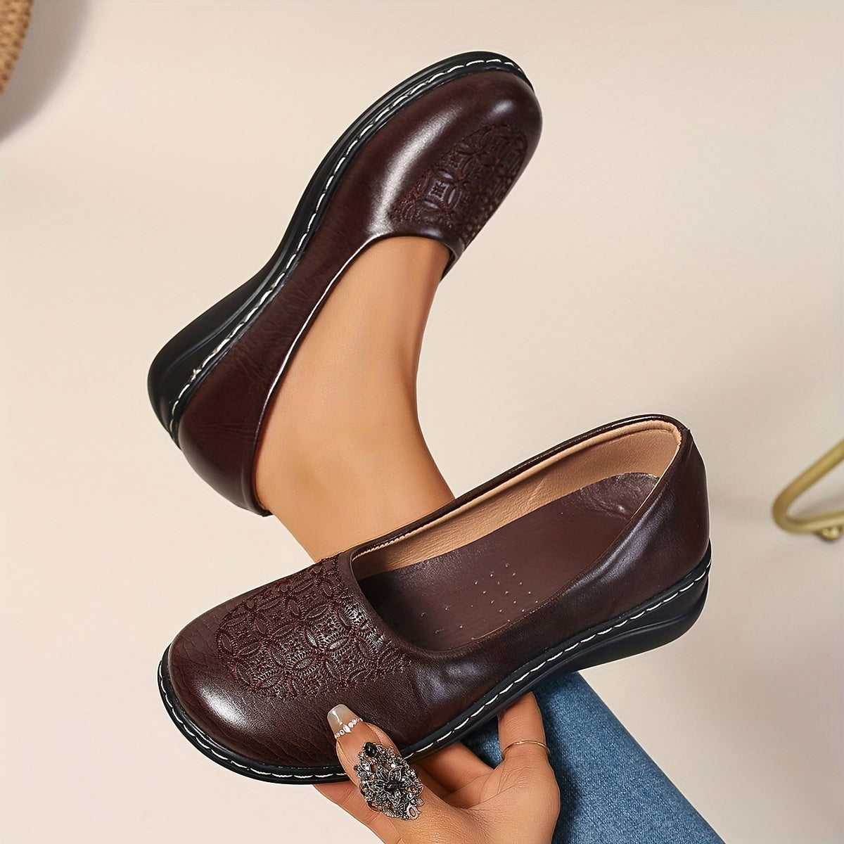 Women's Leather Slip-On Loafers with Embroidered Design and Cushioned Insole