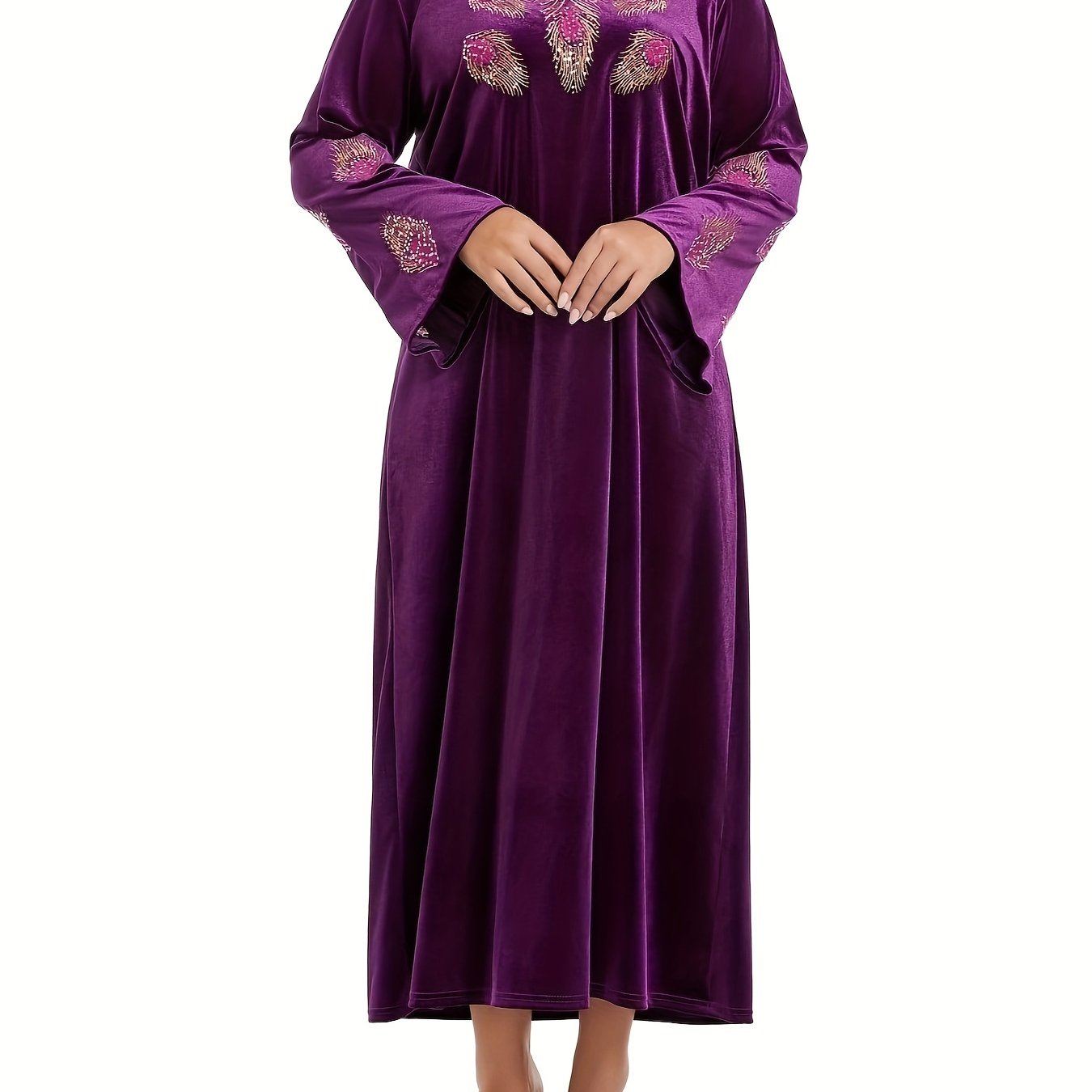 Vestido largo bordado para mujer, mezcla de poliéster, patrón de animales, cuello redondo, para todas las estaciones, corte recto