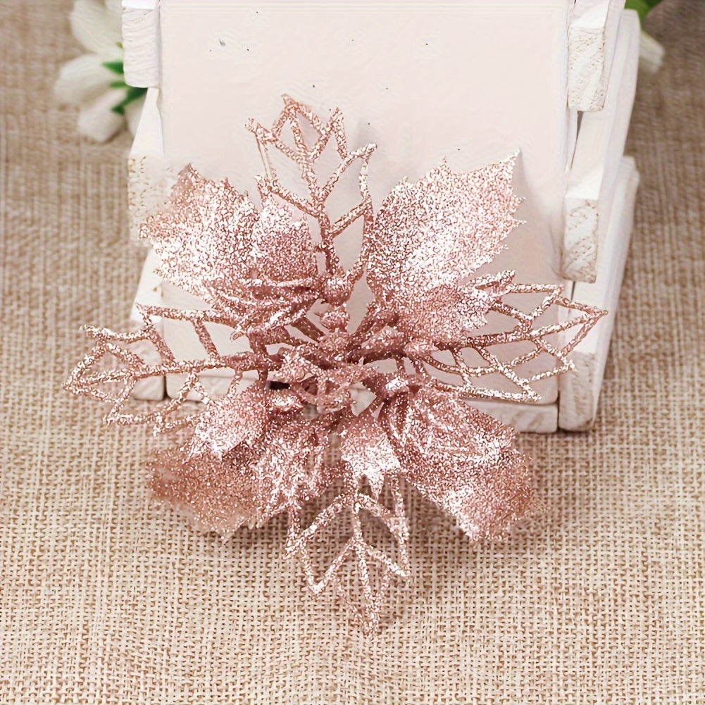 Artificial Christmas Flowers Set 10 Pieces 9cm Glitter Tree Ornaments for Holiday Decor