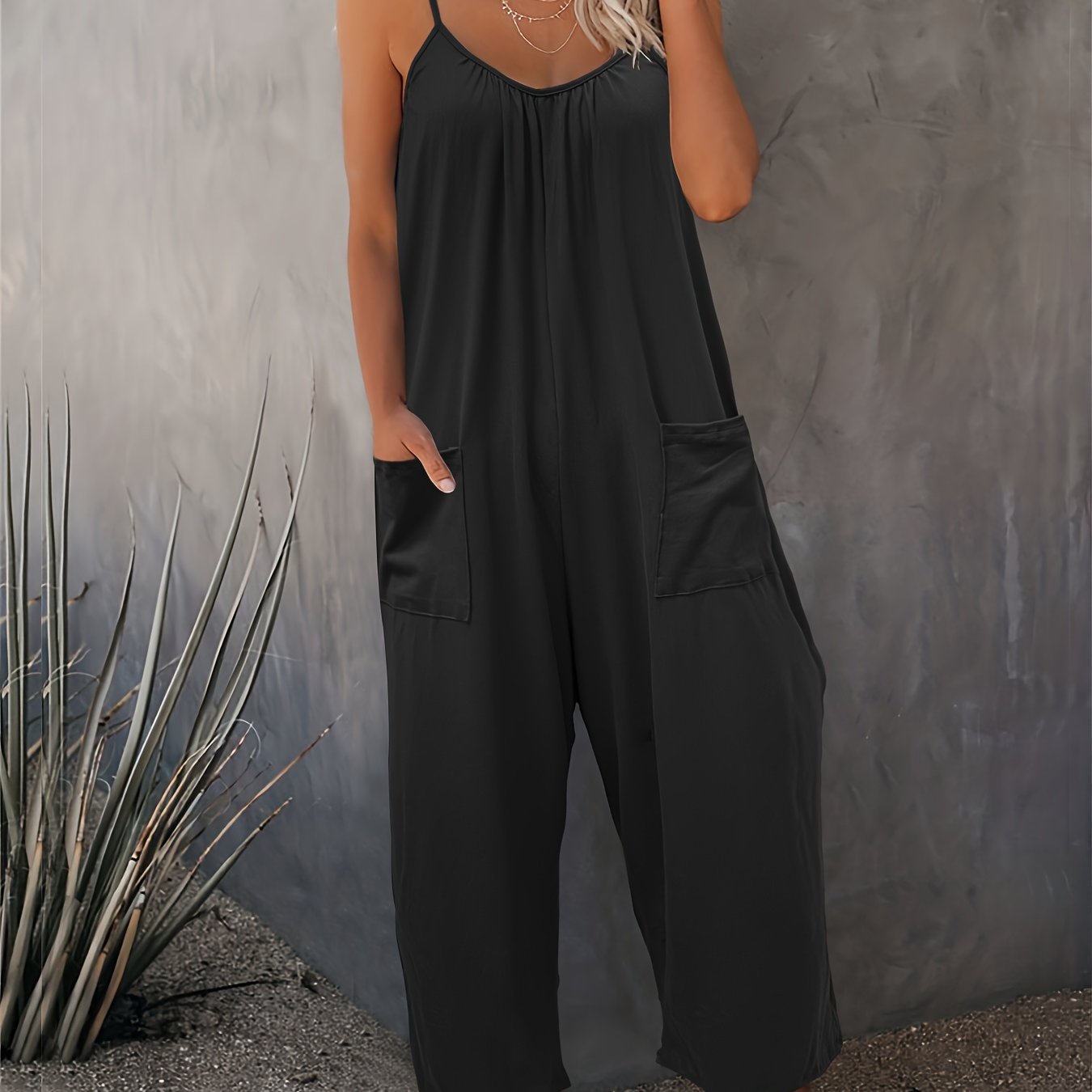 Plus Size Solid Ruched Cami Jumpsuit Sleeveless Casual Pocket Women