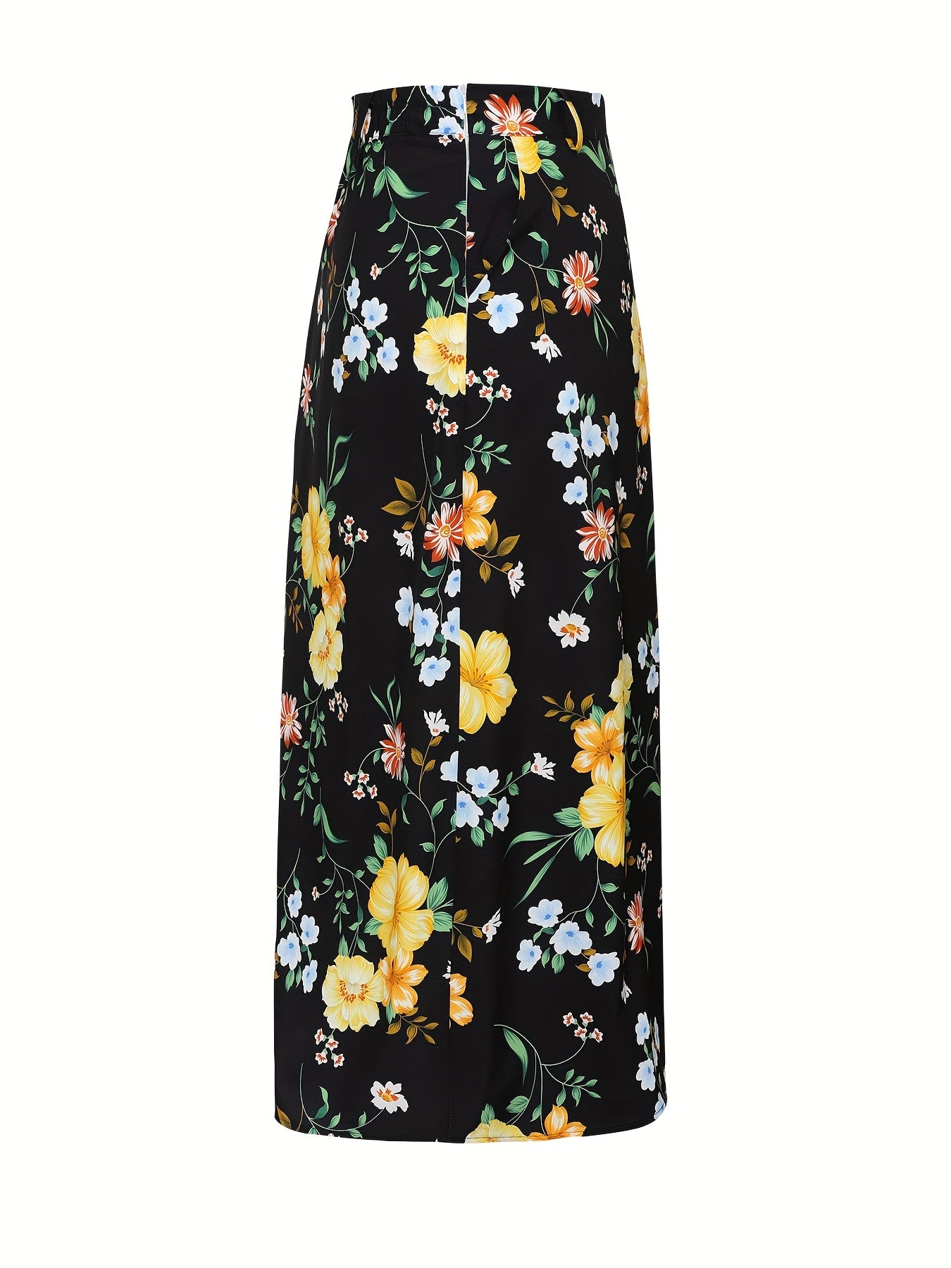 Plus o'lchamli gul bosma bilan midi yubka, cho'ntaklar bilan, polyester, barcha mavsum uchun