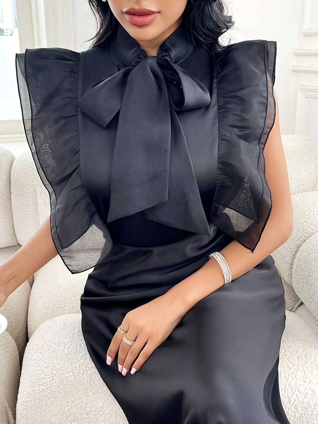 Black Sleeveless Blouse with Flutter Sleeves and Bow Tie Detail for Women