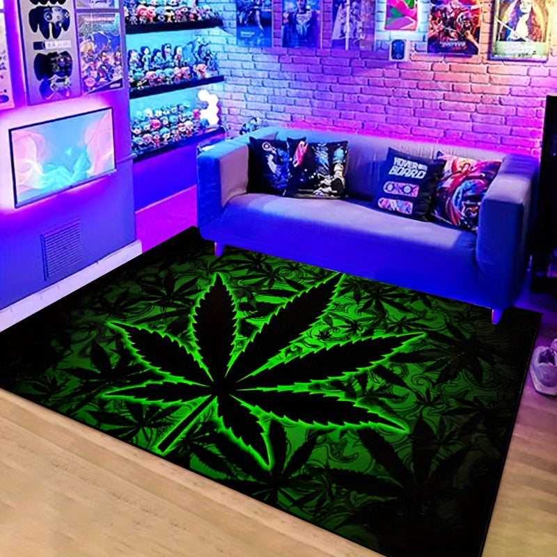 Black Background Fluorescent Marijuana Leaves Felt Rug 1000g/m² Machine Washable Multiple Sizes