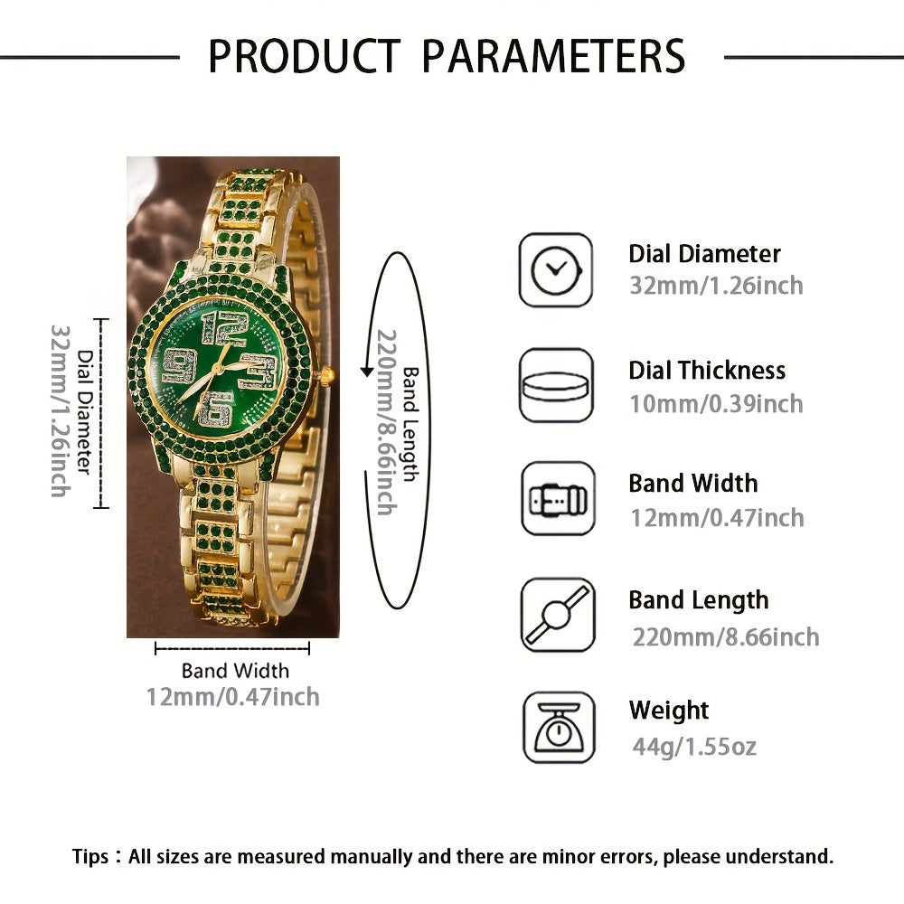 Ayollar modasi soati va zargarlik to'plami, yashil rhinestone, kvarts, an'anaviy, zanjirli taqinchoq, bilaguzuk, sirg'a, uzuk bilan