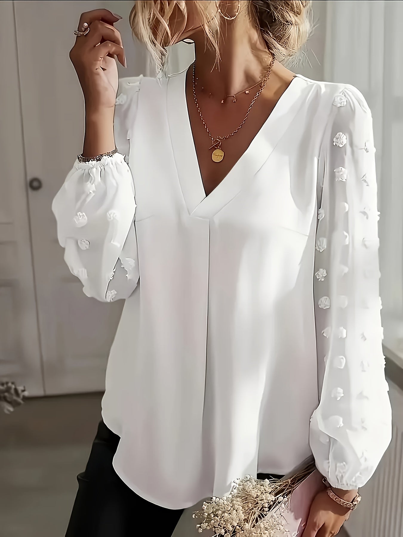Women's V-Neck Shirt with Pom Pom Details Plus Size Long Sleeve Polyester