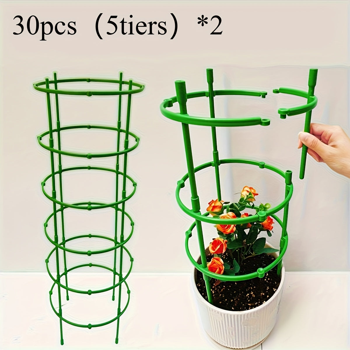 Durable Green 5-Tier Stackable Plant Support with Adjustable PVC Rings for Garden Flowers and Potted Plants