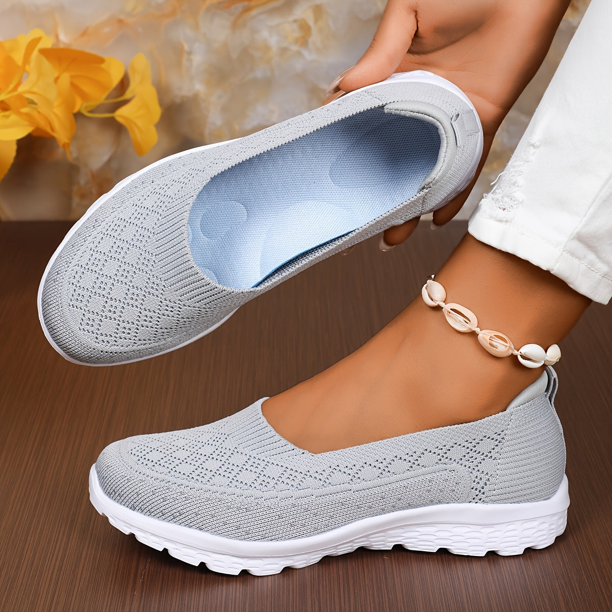 Women's Lightweight Slip-On Walking Shoes Breathable Knit Light Blue