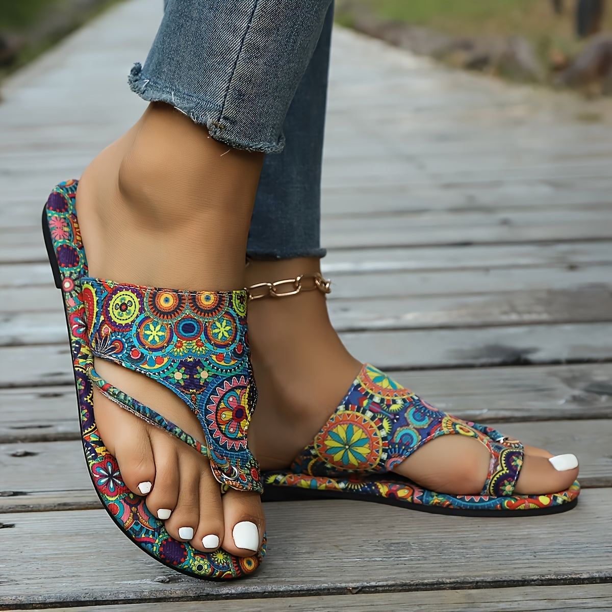 Women's Bohemian Floral Slide Sandals Open-Toe Flat with Adjustable Straps