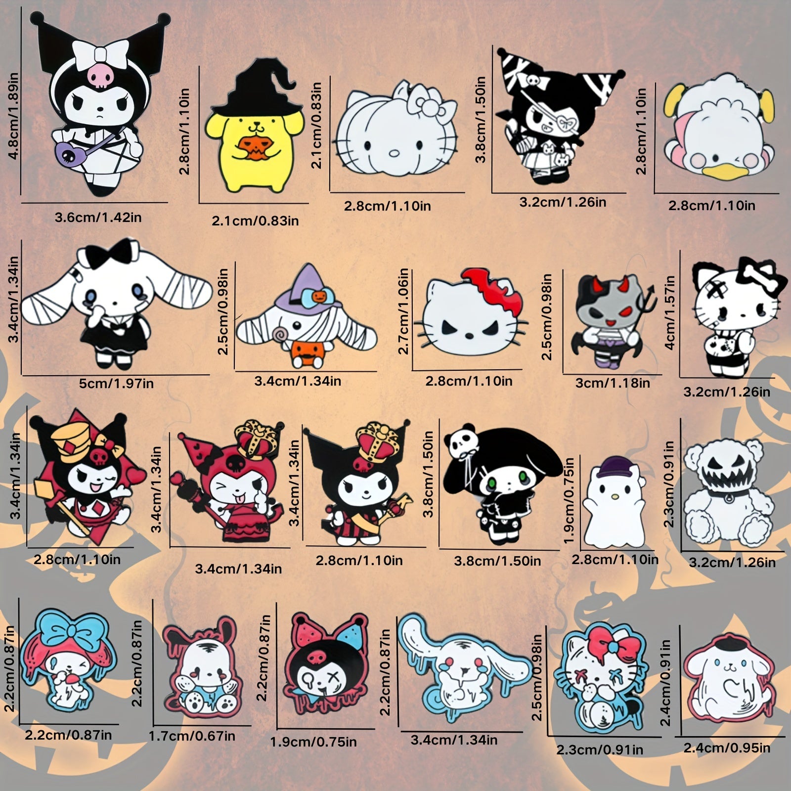 Set of 6 Halloween Enamel Pins with Cartoon Characters Hello Kitty My Melody Kuromi Witch Ghost Nurse Badges for Hats Bags Jackets