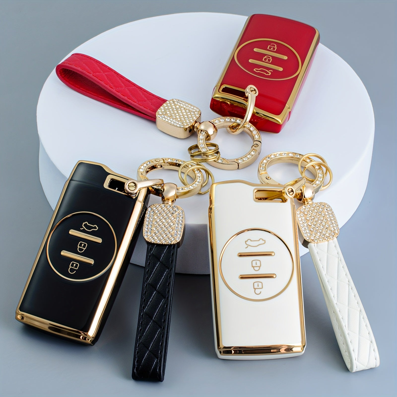 Elegant TPU Key Fob Cover with Keychain Black and Gold for SUVs