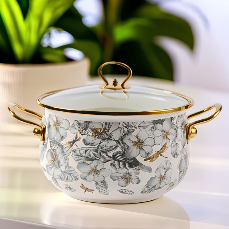 Enamel Soup Pot with Golden Trim, Dragonfly and Floral Design, 3 Quart