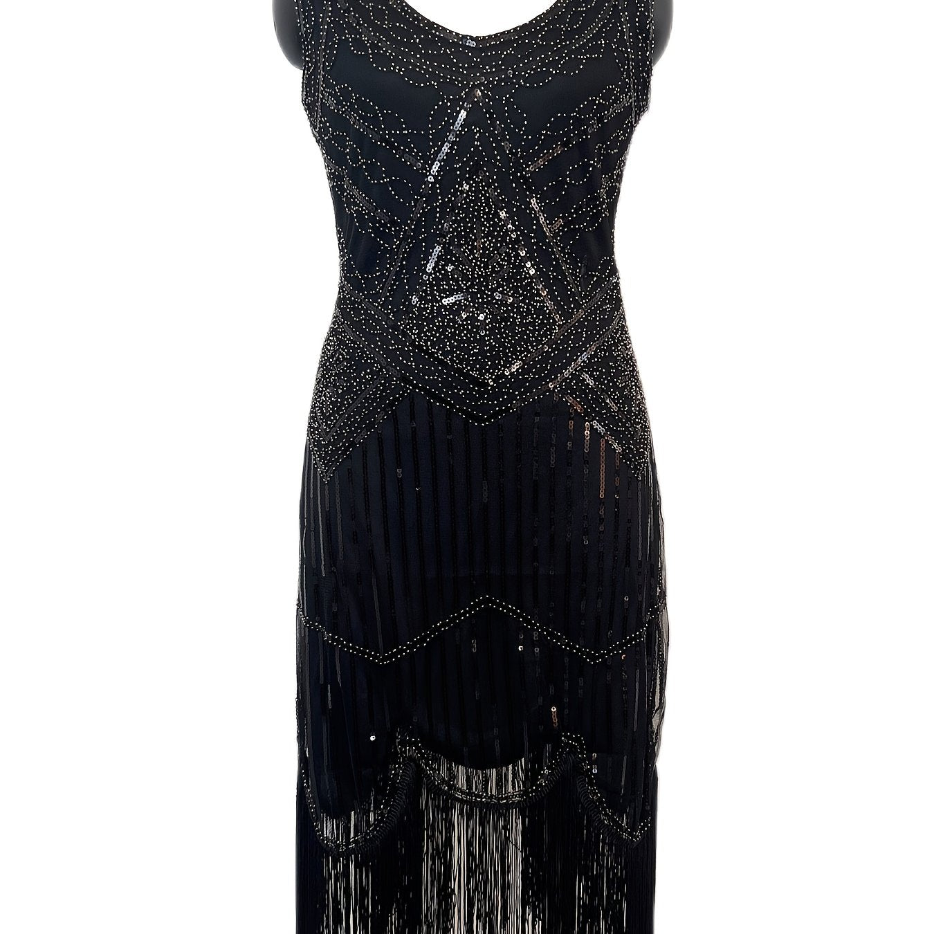 Women's Beaded V-Neck Sleeveless Wedding Dress Black Geometric Embroidery