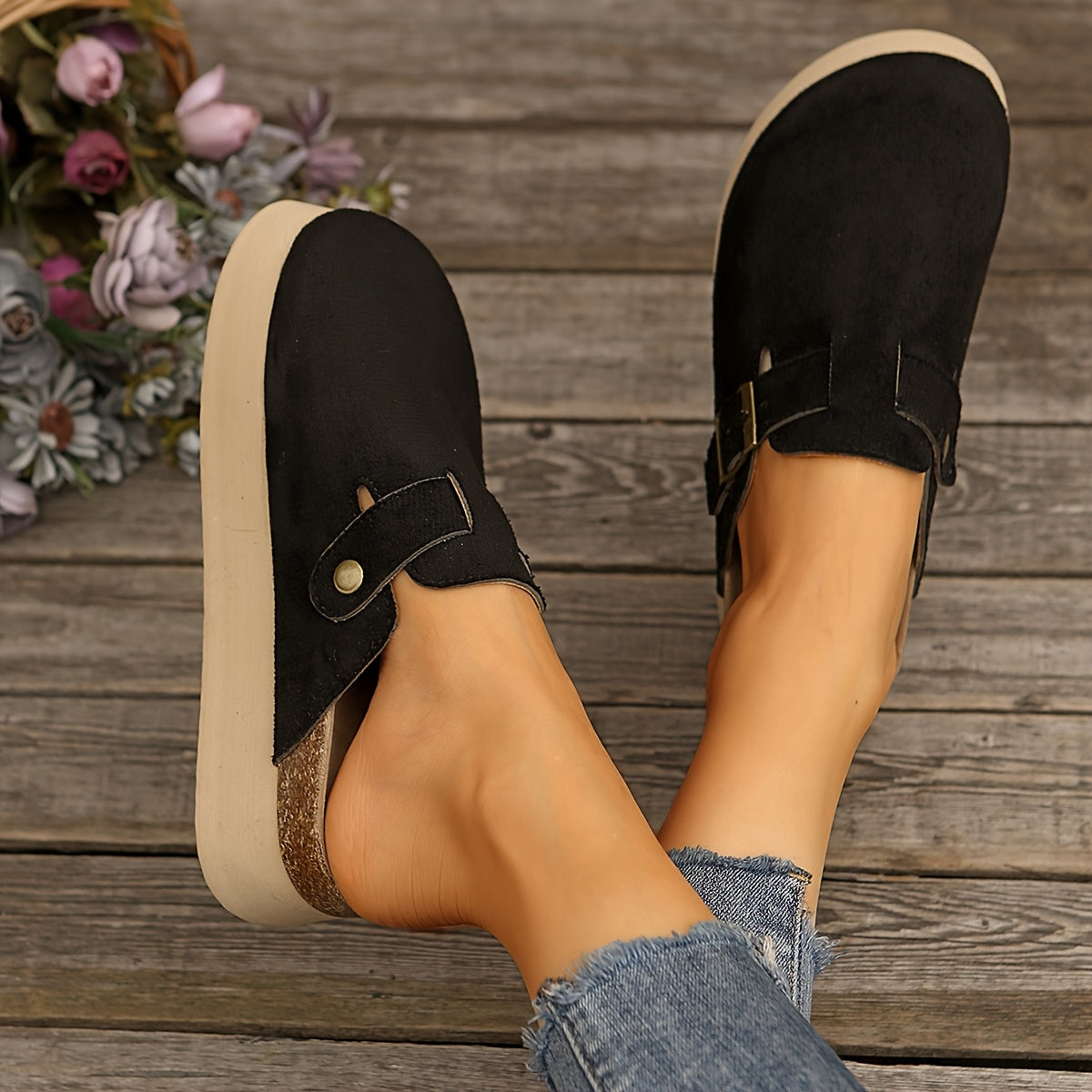 Женские повседневные мюли с толстой подошвой в черном цвете, стильная обувь для комфорта