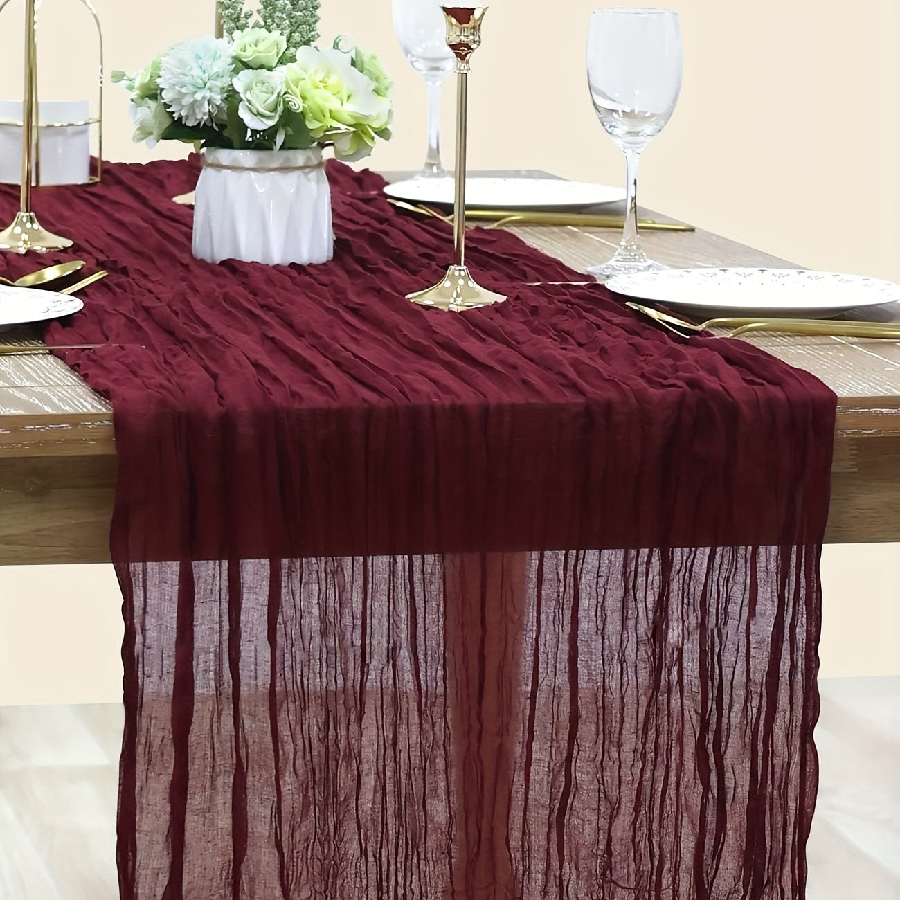 Burgundy Cheesecloth Table Runner Bohemian Country Style for Weddings and Events