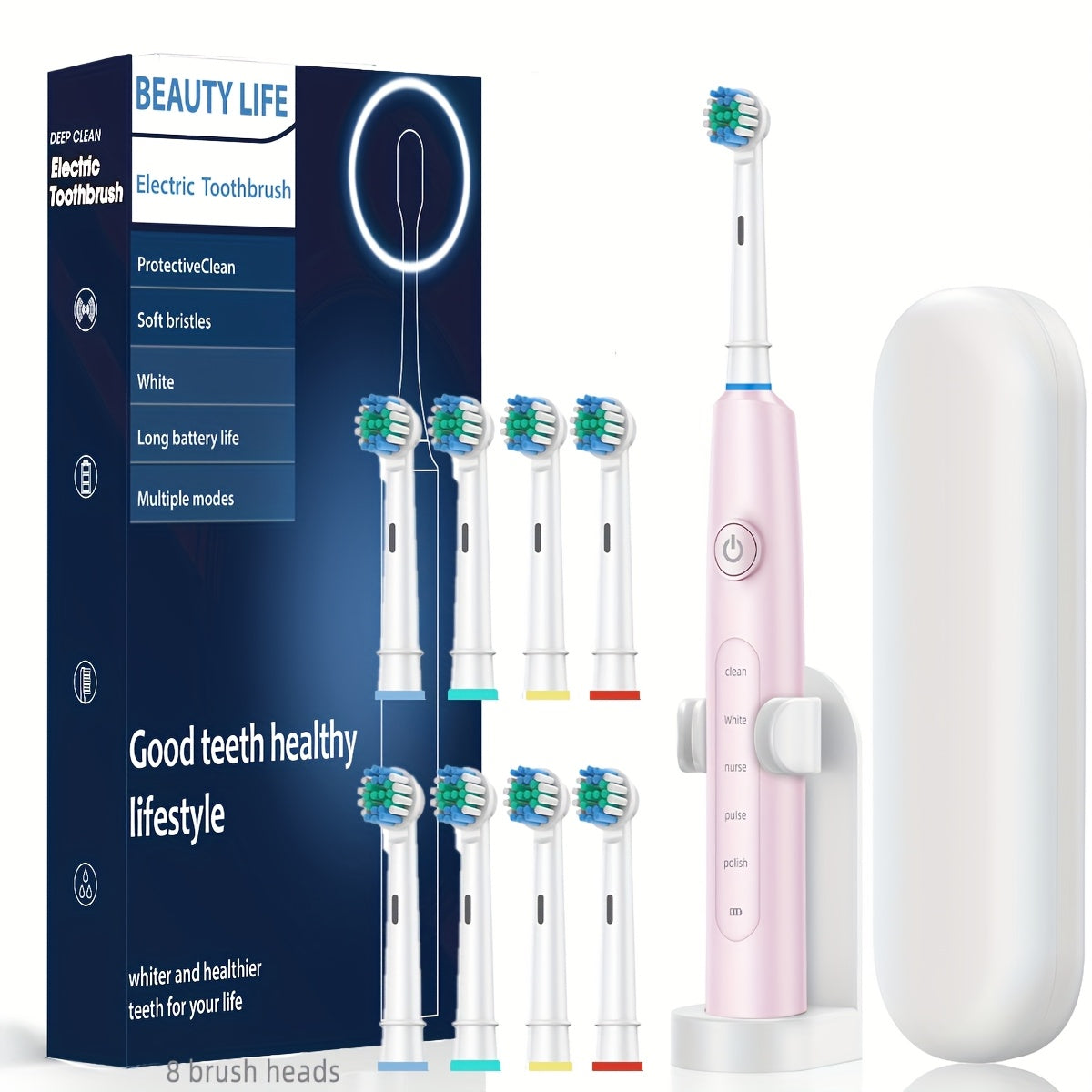 Adult Electric Toothbrush Set with 8 Replaceable Heads Travel Case USB Rechargeable