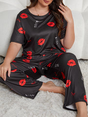 Plus Size Women's Lounge Set Short Sleeve Top and Pants Home Wear