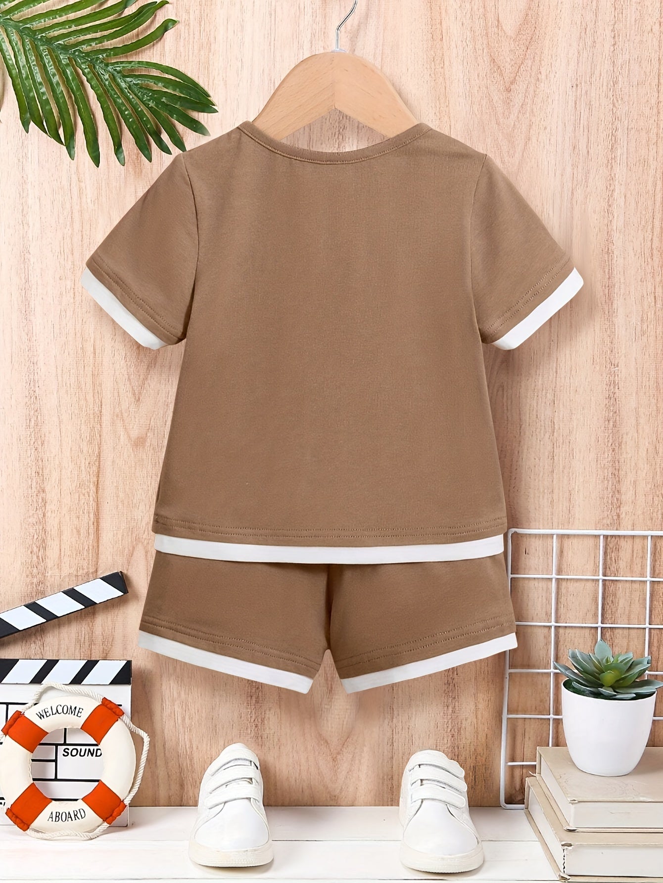 Erkaklar va bolalar uchun jigarrang shortlar to'plami, paxta-polyester, yozgi kundalik kiyim