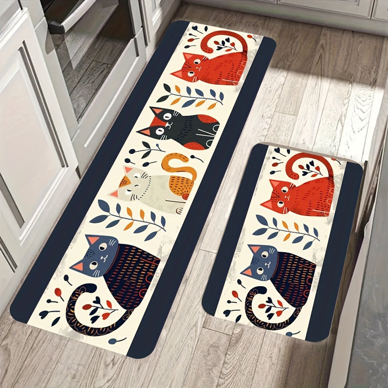 Cat Print Doormats Set Waterproof Non-Slip Polyester for Kitchen Living Bathroom