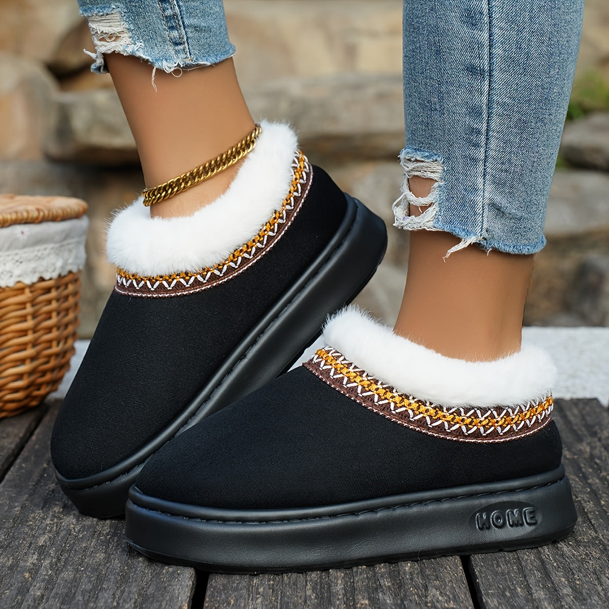 Women Cozy Fleece Lined Slippers Warm Brown Indoor Slip-Ons