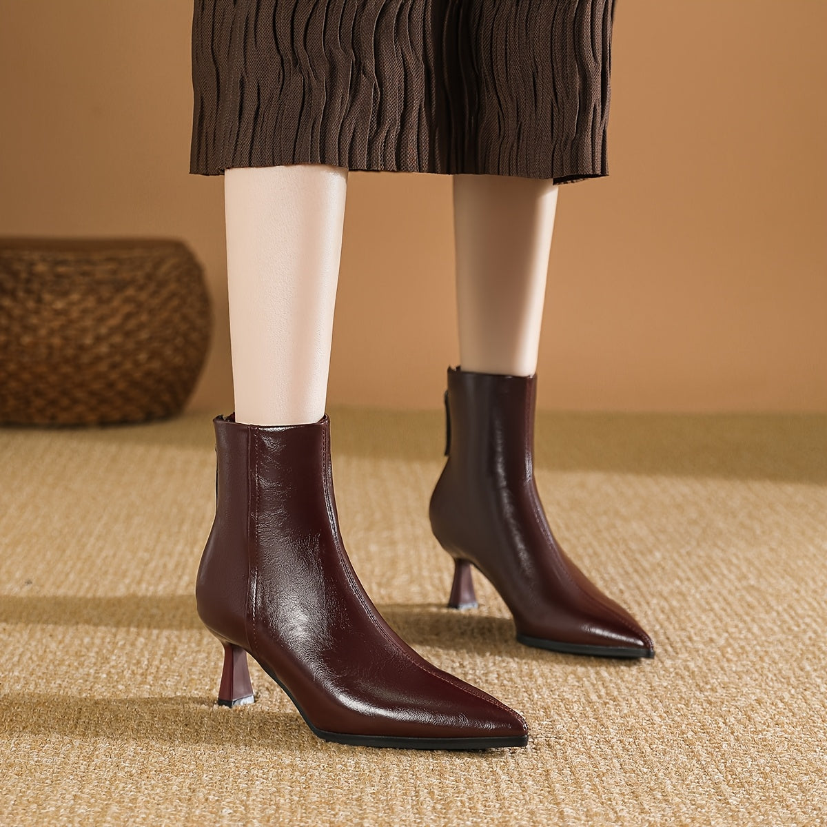 Women's Faux Leather Ankle Boots with Pointed Toe and Back Zipper