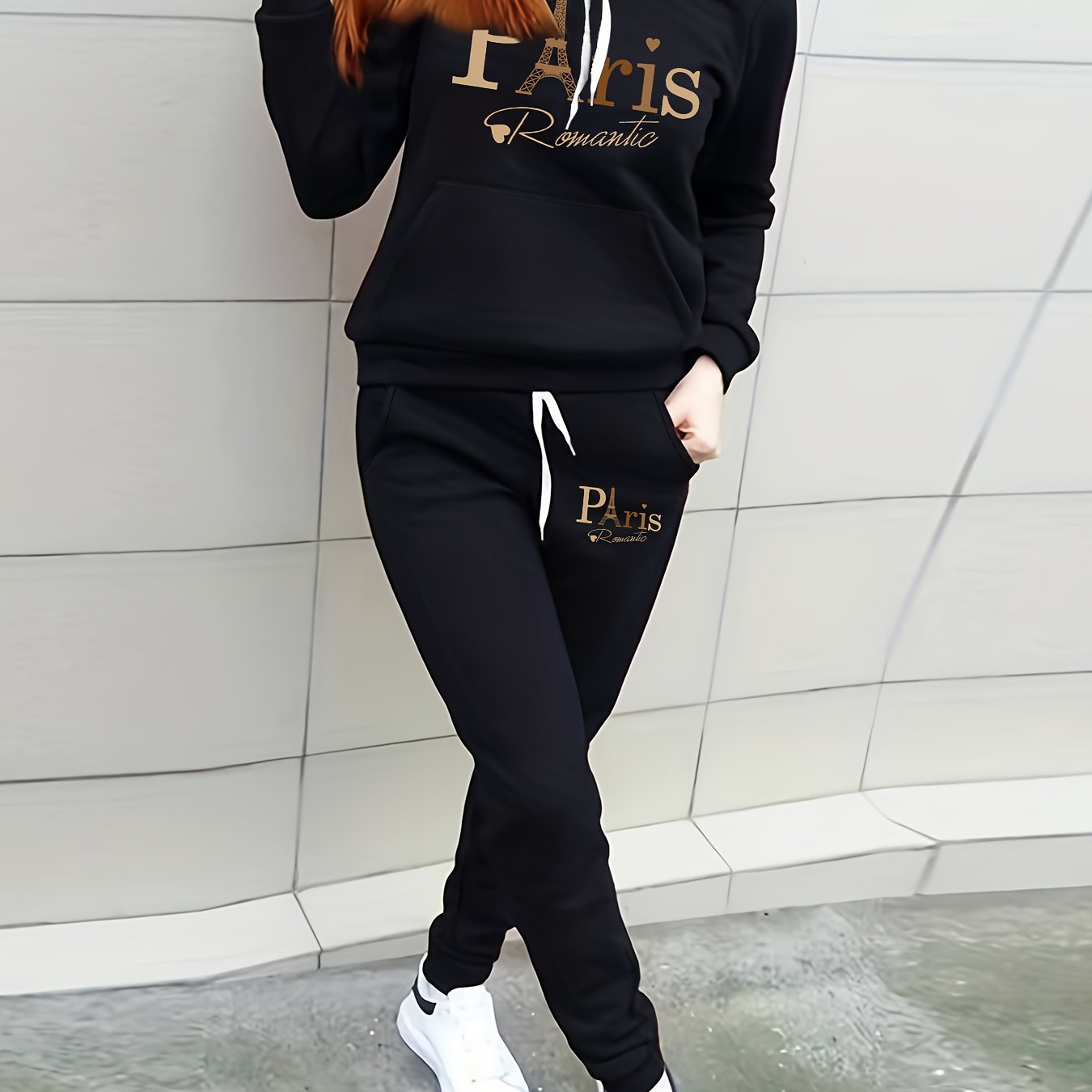 Women's Velvet Printed Sweater Set Autumn Winter Two-Piece Casual Knit Hoodie