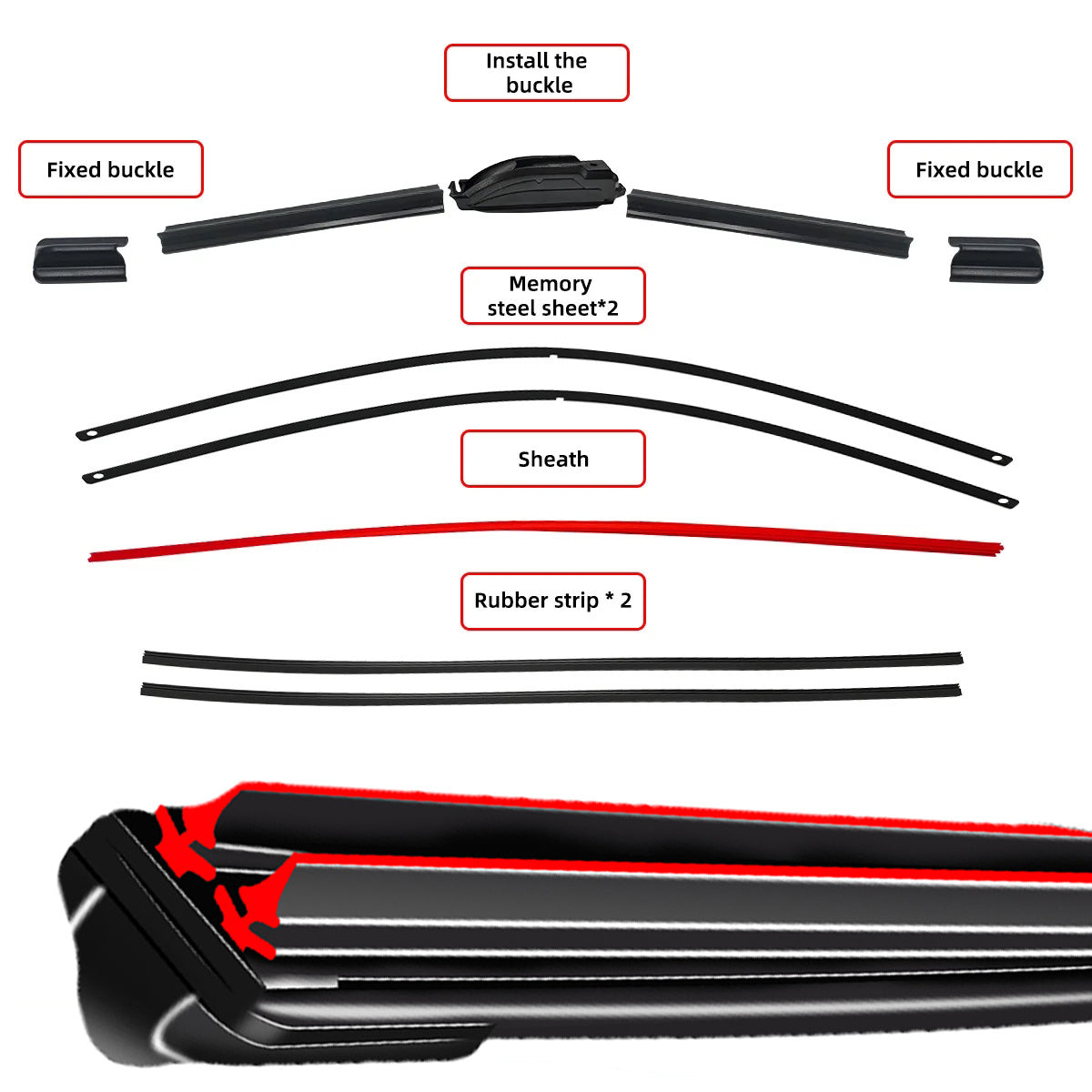 Car Windshield Wiper Blade Set with Adapters, Rubber, Multiple Sizes