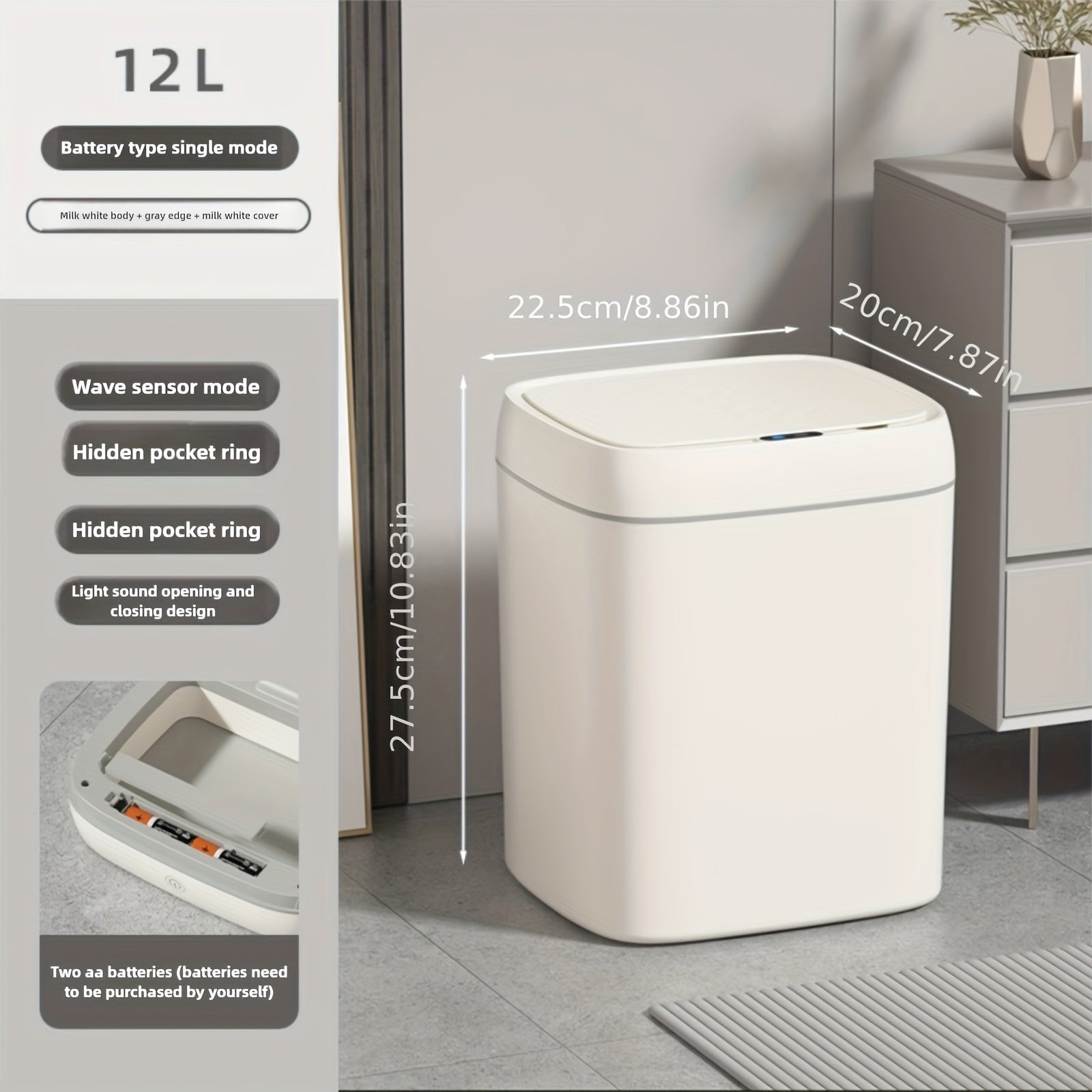1 шт. Сенсорный умный мусорный бак с автоматической крышкой, работает на батарейках. Идеально подходит для кухни, ванной, спальни и офиса. Батарейки не входят в комплект.