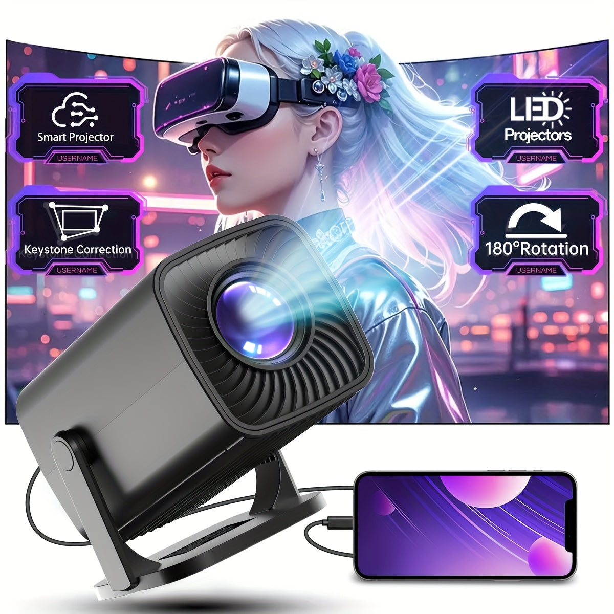 Home Projector HD Automatic Complete Setup Supports 1080P